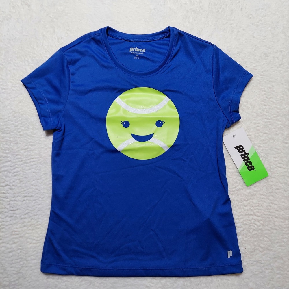 Prince Tennis Graphic Tee Girls M 10-12 Blue New Smiley Face Wicking Shirt